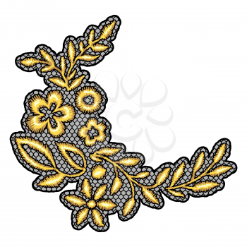 Lace decorative element with gold flowers. Vintage golden embroidery on lacy texture grid.