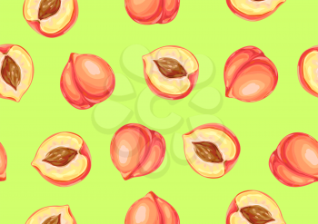 Seamless pattern with peaches and slices. Summer fruit decorative illustration.