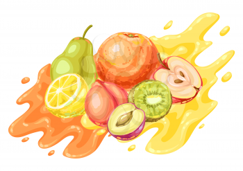 Background with ripe fruits. Tropical vegetarian food decorative illustration.