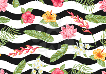 Seamless pattern with tropical flowers and leaves. Decorative exotic foliage, palms and plants.