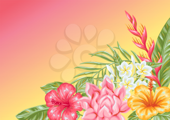 Background with tropical flowers and leaves. Decorative exotic foliage, palms and plants.