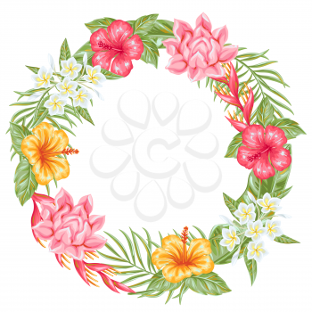 Frame with tropical flowers and leaves. Decorative exotic foliage, palms and plants.