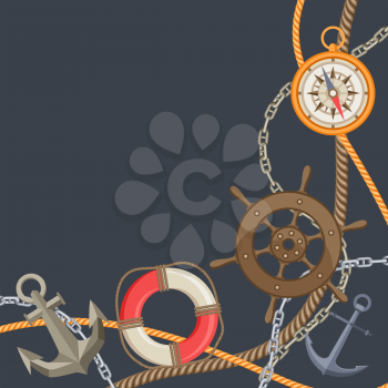 Nautical background with sailing items, ropes and chains. Marine decorative card.