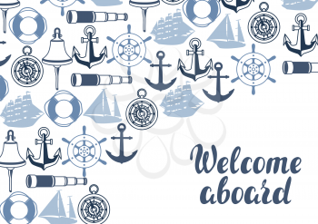 Background with nautical symbols and items. Marine retro decorative illustration.