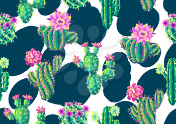 Seamless pattern with cacti and flowers. Decorative spiky flowering cactuses in hand drawn style.