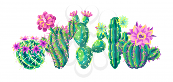 Background with cacti and flowers. Decorative spiky flowering cactuses in hand drawn style.