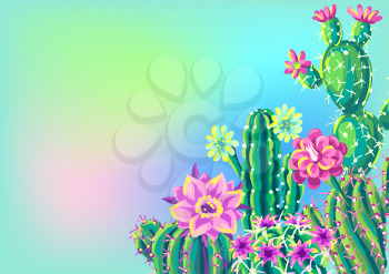 Background with cacti and flowers. Decorative spiky flowering cactuses in hand drawn style.