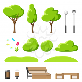 Set to create beautiful summer or spring city park. Urban public space with benches, lanterns and nature.