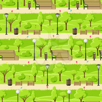 Seamless pattern with beautiful summer or spring city park. Urban public space with lawn and trees for walking and relaxing.