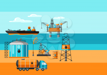 Illustration of oil production. Industrial and business landscape background.