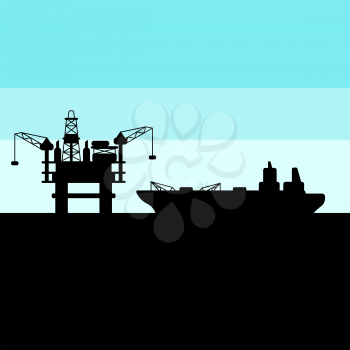 Illustration of oil sea platform and tanker. Industrial and business landscape background.