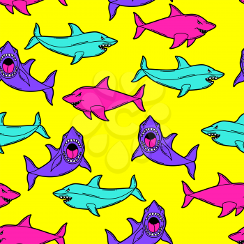 Seamless pattern with cartoon sharks. Urban colorful teenage creative background. Fashion symbols in modern comic style.