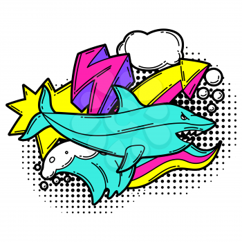 Print with cartoon shark. Urban colorful teenage creative illustration. Fashion symbol in modern comic style.