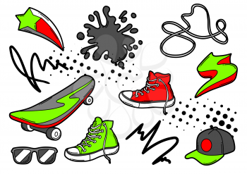 Set of cartoon sneakers, skateboard and baseball cap. Urban colorful teenage creative illustration. Fashion symbols in modern comic style.