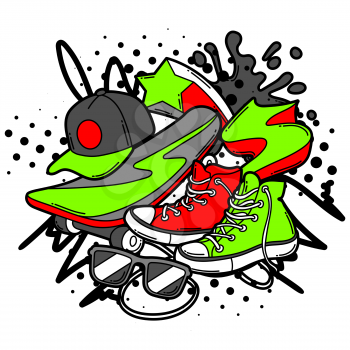 Print with cartoon sneakers, skateboard and baseball cap. Urban colorful teenage creative background. Fashion symbols in modern comic style.