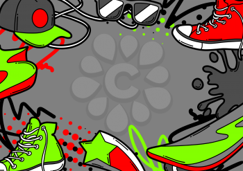 Background with cartoon sneakers, skateboard and baseball cap. Urban colorful teenage creative illustration. Fashion symbols in modern comic style.