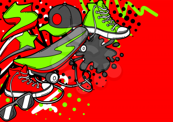 Background with cartoon sneakers, skateboard and baseball cap. Urban colorful teenage creative illustration. Fashion symbols in modern comic style.