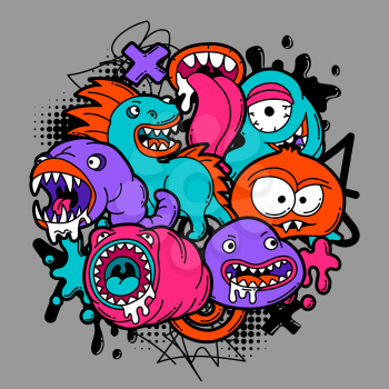 Print with cartoon monsters. Urban colorful teenage creative illustration. Evil creatures in modern comic style.