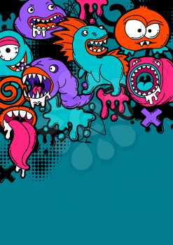 Background with cartoon monsters. Urban colorful teenage creative illustration. Evil creatures in modern comic style.