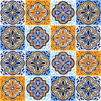 Italian ceramic tile pattern. Mediterranean porcelain pottery. Ethnic folk ornament. Mexican talavera, portuguese azulejo or spanish majolica.