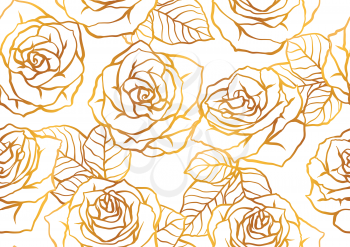 Seamless pattern with outline roses. Beautiful realistic flowers and leaves.