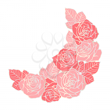 Decorative element with outline roses. Beautiful realistic flowers and leaves.