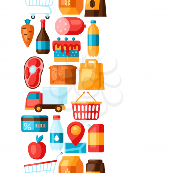 Supermarket seamless pattern with food icons. Grocery illustration in flat style.