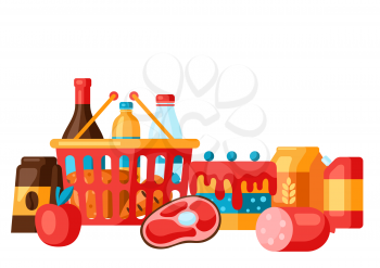 Supermarket shopping basket full of products. Grocery illustration in flat style.