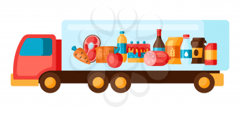 Illustration of truck with food. Delivery to grocery supermarket.