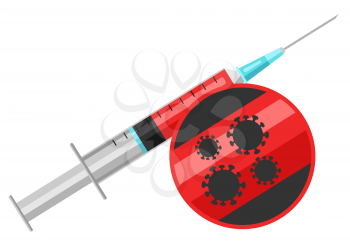 Illustration of medical syringe with blood. Coronavirus molecules Covid-19. Infection with new virus.