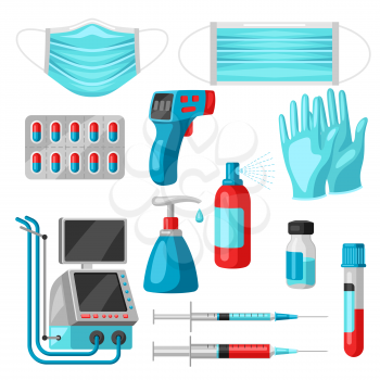 Set of medical equipment and protection. Health care, treatment and safety items.