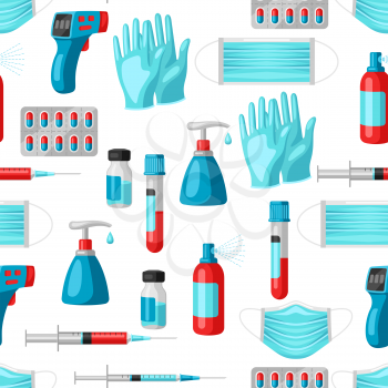 Seamless pattern with medical equipment and protection. Health care, treatment and safety items.