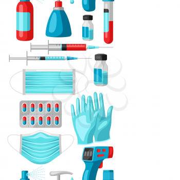 Seamless pattern with medical equipment and protection. Health care, treatment and safety items.