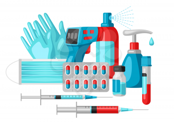 Illustration with medical equipment and protection. Health care, treatment and safety items.