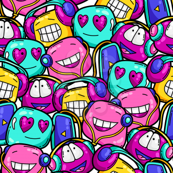 Seamless pattern of cartoon funny characters listening to music. Cute kawaii art in modern comic style.