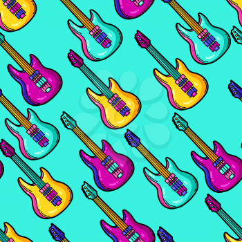 Seamless pattern with cartoon musical electric guitars. Music party colorful teenage creative illustration. Fashion symbol in modern comic style.