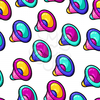 Seamless pattern with cartoon musical loudspeakers. Music party colorful teenage creative illustration. Fashion symbol in modern comic style.