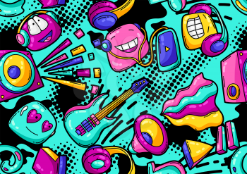Seamless pattern with cartoon musical items. Music party colorful teenage creative background. Fashion symbol in modern comic style.