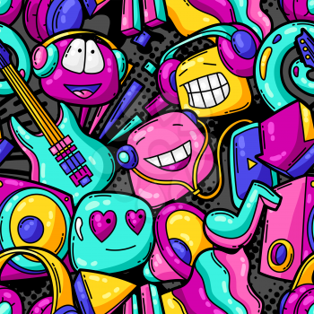 Seamless pattern with cartoon musical items. Music party colorful teenage creative background. Fashion symbol in modern comic style.