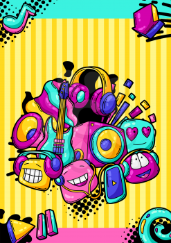 Background with cartoon musical items. Music party colorful teenage creative illustration. Fashion symbol in modern comic style.