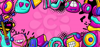 Background with cartoon musical items. Music party colorful teenage creative illustration. Fashion symbol in modern comic style.