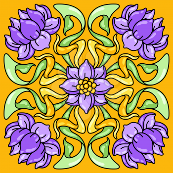 Art Nouveau ceramic tile pattern. Floral motifs in retro style. Vintage pottery with flowers and leaves.