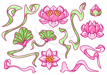 Set of lotus flowers. Art Nouveau vintage style. Water lily decorative illustration. Natural tropical plants.