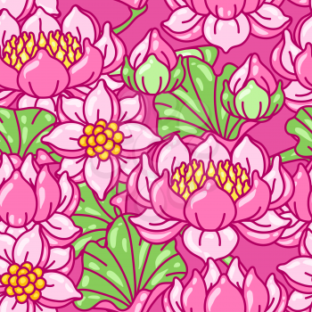 Seamless pattern with lotus flowers. Art Nouveau vintage style. Water lily decorative illustration. Natural tropical plants.
