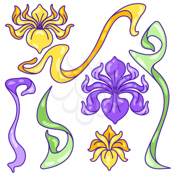 Set of iris flowers. Art Nouveau vintage style. Natural decorative plants.
