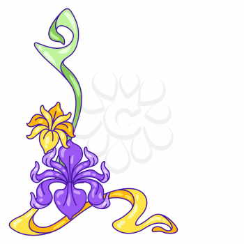 Decorative element with iris flowers. Art Nouveau vintage style. Natural decorative plants.