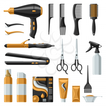 Barbershop set of professional hairdressing tools. Haircutting salon items.