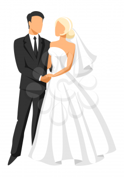 Wedding illustration of bride and groom. Married cute couple.