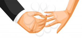 Man puts wedding ring on girls finger. Illustration of marriage or engagement.