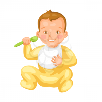 Illustration of cute little baby with spoon. Eating pretty child.